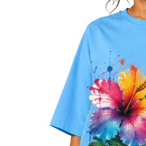 เสื้อยืดโอเวอร์ไซส์สีฟ้าพาสเทลลายดอกชบาแบบทรอปิคอลของเปอร์โตริโกสำหรับผู้หญิง พิมพ์ลายกราฟิก รับทำโลโก้ เสื้อยืดลำลองผ้าฝ้ายสำหรับฤดูร้อน ขายส่งแบบ OEM - Product Image 3