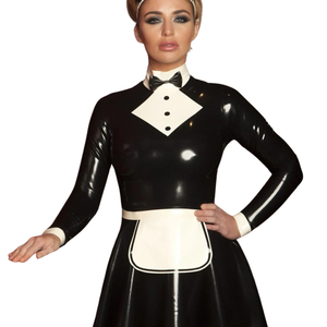 Sexy Black PU <b>Maid</b> <b>Dress</b> With Contrast Lapel And Belt A-Line Fitted Midi Length Party Wear - Product Image 3