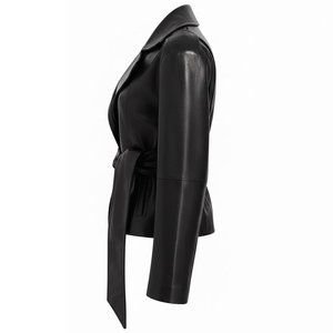 <b>Women's</b> Genuine Leather Wrap <b>Jacket</b> With Belt And Spread Collar <b>Short</b> Length Full <b>Sleeve</b> Autumn Style - Product Image 3