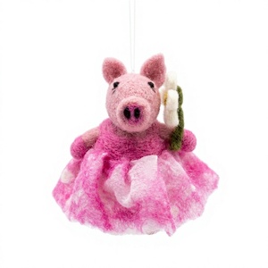 Ornement de Noël en feutre de laine en forme de cochon, jupe rose, fleur, fait main, écologique, animal de dessin animé, à suspendre au mur ou à poser sur table, petit modèle - Product Image 2