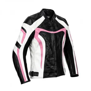 Nueva Chaqueta de Cuero para Motociclista, Estilo Racing, para Hombre, en Negro, Blanco y Rosa, con Cierre de Cremallera y Hebilla, Estilo Vintage - Product Image 3