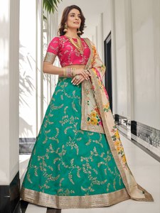 Green Digital Print Premium Chiffon Embroidered Lehenga Set Silk <b>Wedding</b> Outfit Floral Dupatta Banarasi Style Festival Wear - Product Image 1