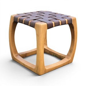 Modern Indonesian Teak Wood Stool with Woven Leather Straps <b>Seat</b> Contemporary Accent Chair for Home Decor Indoor Outdoor Use - Product Image 1