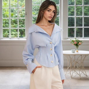 Blusa Elegante para Mujer, con Cuello Camisero, Plisada, Cintura Ajustada, Rayas, Manga Larga, Cierre de Botón, para Oficina y Uso Diario - Product Image 6