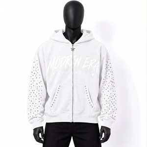 Sweat à capuche zippé bleu turquoise avec strass, personnalisable OEM, en molleton épais, streetwear de luxe, fabricant de vêtements graphiques - Product Image 3