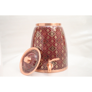 Handcrafted Pure <b>Copper</b> Water Dispenser with Elegant Maroon Floral Print Leak-Proof Brass Tap for Home and Office Decor - Product Image 1