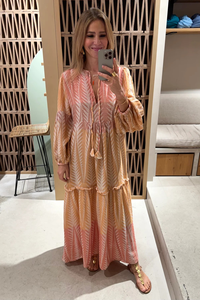 เดรสยาวสไตล์โบฮีเมียนสำหรับผู้หญิง ขายส่ง ลายพิมพ์ คอวี แขนพอง ผ้าถัก ทรงหลวม ใส่สบาย ผ้าฝ้าย ฤดูร้อน เป็นมิตรกับสิ่งแวดล้อม - Product Image 2