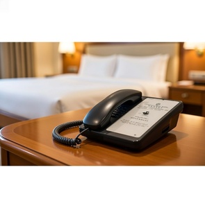 Teléfono de Escritorio para Hotel, Negro, de Plástico, Portátil, con Tarjeta de Instrucciones - Product Image 1