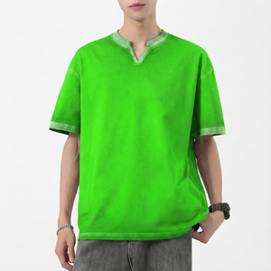 T-shirt décontracté à col en V surdimensionné pour homme, manches courtes, gris uni, tricoté - Product Image 5
