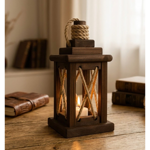 Farmhouse Wooden <b>Lantern</b> <b>Candle</b> Holder Indoor Outdoor Brown Wood Hanging Decorative Table Centerpiece with Rope Handle - Product Image 2