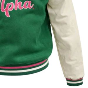 AKA Varsity <b>Jacket</b> Women Green <b>White</b> Letterman Leather Sleeves <b>Jacket</b> AKA Embroidered Casual Sorority Greek Outerwear - Product Image 6