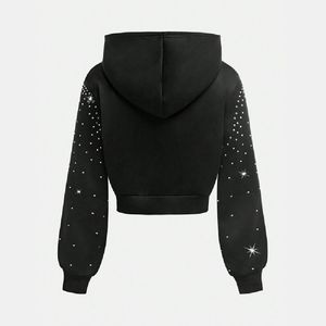 INDEX Sudadera con capucha negra para mujer, manga larga, con lentejuelas y patrón de puntos, top corto informal para otoño - Product Image 2