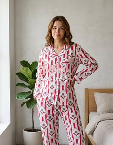 Handcrafted Indian Cotton Summer Pajama Set Button-<b>Down</b> Long-Sleeved Top Elasticated High-Waist Trousers Quick Dry Breathable - Product Image 6