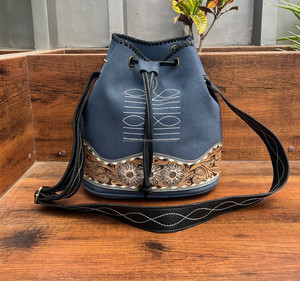 Populaire botte point daim cuir épaule seau sacs à main pour femmes Western en cuir véritable cordon Designer sac à main en gros - Product Image 3