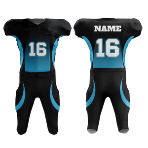 Ensemble d'uniformes de football américain personnalisés, noir et bleu, sublimé, numéro 16, maillot sans manches ajusté pour homme, toutes saisons, polyester - Product Image 1