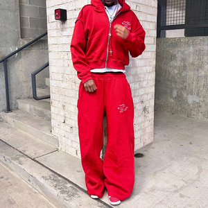 Men's Red Full Zip Hooded Lightweight High Quality <b>Tracksuit</b> Loose Fit Streetwear Autumn Cotton Sweatpants Side Pockets Solid - Product Image 1