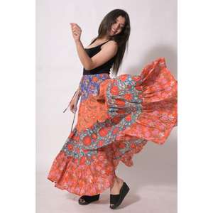 กระโปรงยาวผ้าฝ้ายทอลายบล็อกพิมพ์ลายปะติดปะต่อ ลาวีนาส 100% สำหรับผู้หญิง สไตล์โบฮีเมียน ทำมือ ลายดอกไม้ ฤดูร้อน ระบายอากาศได้ดี - Product Image 3