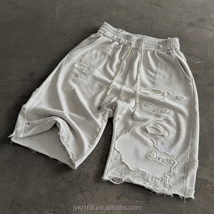Shorts Bermuda en Coton Déchiré pour Homme, Taille à Cordon, Style Décontracté, Couleur Unie, Tissu Tricoté Respirant - Product Image 3