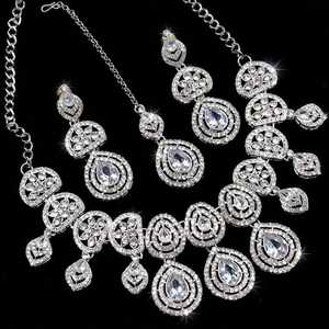 Juego de joyería nupcial de lujo con circonita cúbica azul, collar y aretes plateados, Maang Tikka, para boda, conjunto de lujo para mujer - Product Image 6