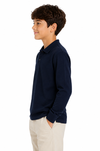 Polo pour enfants bleu marine à manches longues, haut décontracté de qualité supérieure en mélange de coton, design élégant à col, doux et confortable - Product Image 3