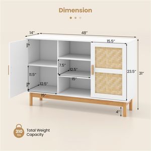 Natural White Buffet Cabinet with Bamboo Woven Patterns 3 <b>Open</b> Shelves and 2 Cabinets for Villa Kitchen or Dining <b>Storage</b> - Product Image 3