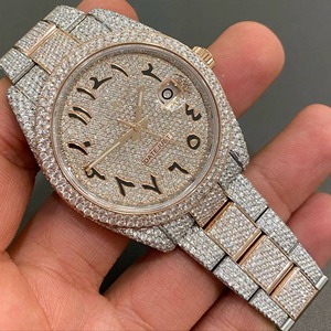 Montre de luxe pour homme, style antique, cadran arabe, entièrement pavée de diamants, en acier inoxydable, mouvement quartz Seiko, verre saphir - Product Image 4