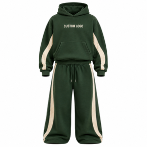 Ensemble de survêtement en molleton de coton épais personnalisé pour homme, comprenant un sweat à capuche zippé oversize et un pantalon de survêtement à jambes larges, style streetwear - Product Image 1
