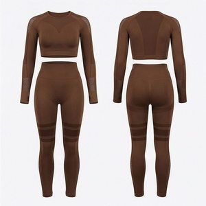 Conjunto Deportivo de 2 Piezas para Mujer, Top Corto Sin Costuras de Manga Larga Color Marrón, Leggings de Cintura Alta, Ropa de Gimnasio con Malla - Product Image 1