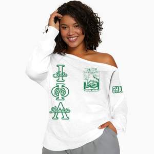Sudadera Personalizada Iota Phi Lambda con Hombros Descubiertos, Color Blanco y Verde Esmeralda, Sudadera de la Hermandad Iota Phi Lambda - Product Image 1