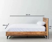 Cadre de lit king-size contemporain en teck massif, lit mural, hauteur réglable, pliable, finition naturelle, pieds en métal faits à la main