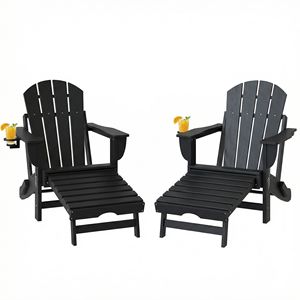 Set di 2 Sedie Pieghevoli Adirondack Nere in HDPE con Poggiapiedi Retrattile e Portabicchieri - Product Image 1