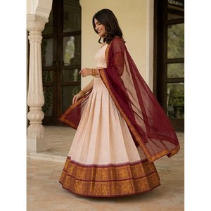 Lehenga demi-sari en coton blanc cassé style Inde du Sud avec broderie Zari, broderie ethnique en soie, taille XL, pour fêtes et usage quotidien, prix bas - Product Image 1