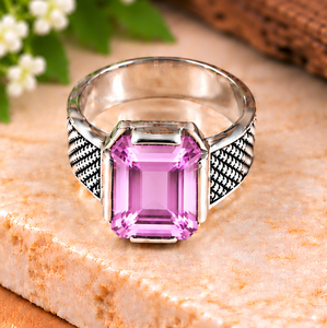 Kunzite Sterling <b>Silver</b> <b>Ring</b>, <b>Emerald</b> Cut Pink Purple Gemstone Men's <b>Ring</b>, Vintage Engraved <b>Silver</b> Statement Jewelry - Product Image 3