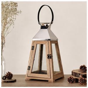 <b>Rustic</b> <b>Wood</b> and Metal Lantern with Glass Panes Modern Farmhouse Candle Holder for Wedding Centerpiece Hanging Decorative Lantern - Product Image 4