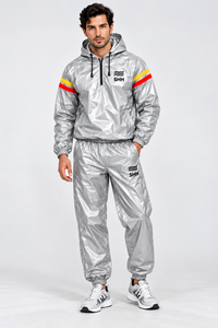 Silver Hooded Sauna Suit <b>Men</b>’s Sweat Training Set Half Zip Pullover Jacket Pants <b>Thermal</b> Workout Weight Cut Fitness Wear - Product Image 4