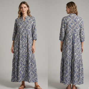 Elegant Free Size Silk Shirt <b>Dress</b> Ibiza Style Azure and Indigo Paisley Long Flowy Maxi Gown for Vacation <b>Lounge</b> and Resort Wear - Product Image 2
