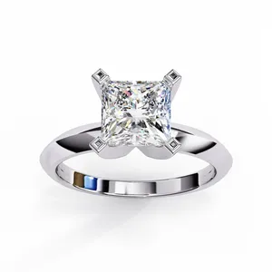 Bague solitaire en or sur mesure avec diamant de laboratoire taille princesse géométrique de 1,5 carat, tige fine et tête à quatre griffes en V - Product Image 2