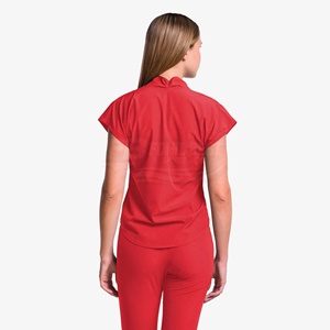 Women <b>Red</b> V Neck Scrub Set Polyester Woven Hospital Uniform Pants With Cap Sleeve Top For Medical Staff - Product Image 3