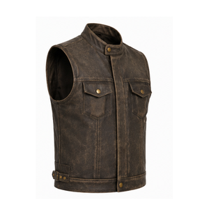 Gilet moto en cuir véritable pour homme, col montant, finition marron délavé, fermeture à bouton unique, longueur standard, vêtement d'extérieur - Product Image 3
