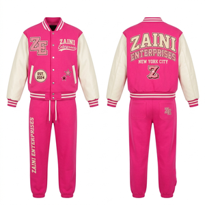 Premium Winter Casual 430 GSM Heavy Cotton Fleece Pink Ivory Panel Varsity Tracksuit Custom Patch <b>Embroidery</b> OEM Design - Product Image 1