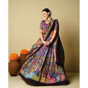 CREPÉ ATRACTIVO ESTAMPADO KALAMKARI TRABAJO LEHENGA CHOLI CON DUPATTA LAVANDA - Product Image 1