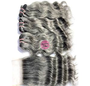 Lot de 3 mèches de cheveux humains gris ondulés naturels avec closure - Product Image 5