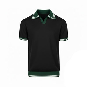 Chemise à manches courtes en coton tricoté anti-boulochage pour homme, couleur unie, coupe décontractée, col et poignets à bordure verte - Product Image 2