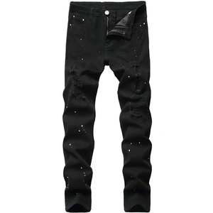 Jean déchiré noir pour homme, coupe slim, effet éclaboussures de peinture, pantalon en denim, streetwear, mode décontractée, design personnalisé - Product Image 1