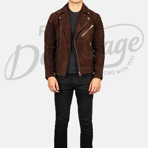 Veste de motard en cuir suédé marron pour homme, manches côtelées matelassées, véritable peau de mouton, coupe ajustée, automne-hiver - Product Image 4