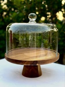 Acacia Wood Cake Stand with Glass Dome <b>Brown</b> Handcrafted Cake Display Stand Multipurpose Serving Platter with Glass - Product Image 5