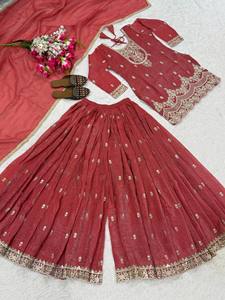 Latest Indian Embroidery Sharara Gharara <b>Kurti</b> Set, Silk Fabric Gorgeous Pakistani Designer Customize Ethnic Wear - Product Image 3
