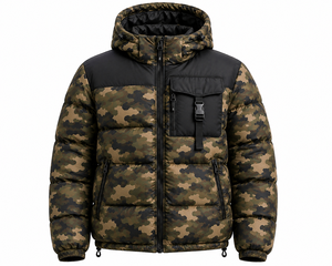 Custom Men's <b>Camo</b> Puffer <b>Jacket</b> Hooded Quilted Winter Outdoor <b>Jacket</b> Black Panel Chest Pocket Full Zip Insulated Warm Coat - Product Image 1