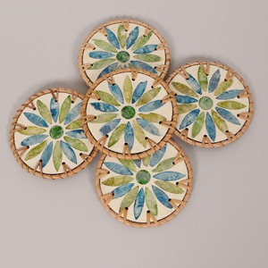 Flower pattern <b>drink</b> <b>coaster</b> great quality handwoven rattan cup <b>coasters</b> with mother of pearl inlay - Product Image 2