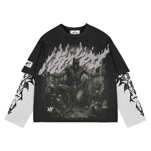 Oversized Long Sleeve T-Shirt With <b>Skull</b> And Purple Eye Print Street Style O-Neck Men's Knitted Cotton <b>Top</b> - Product Image 4